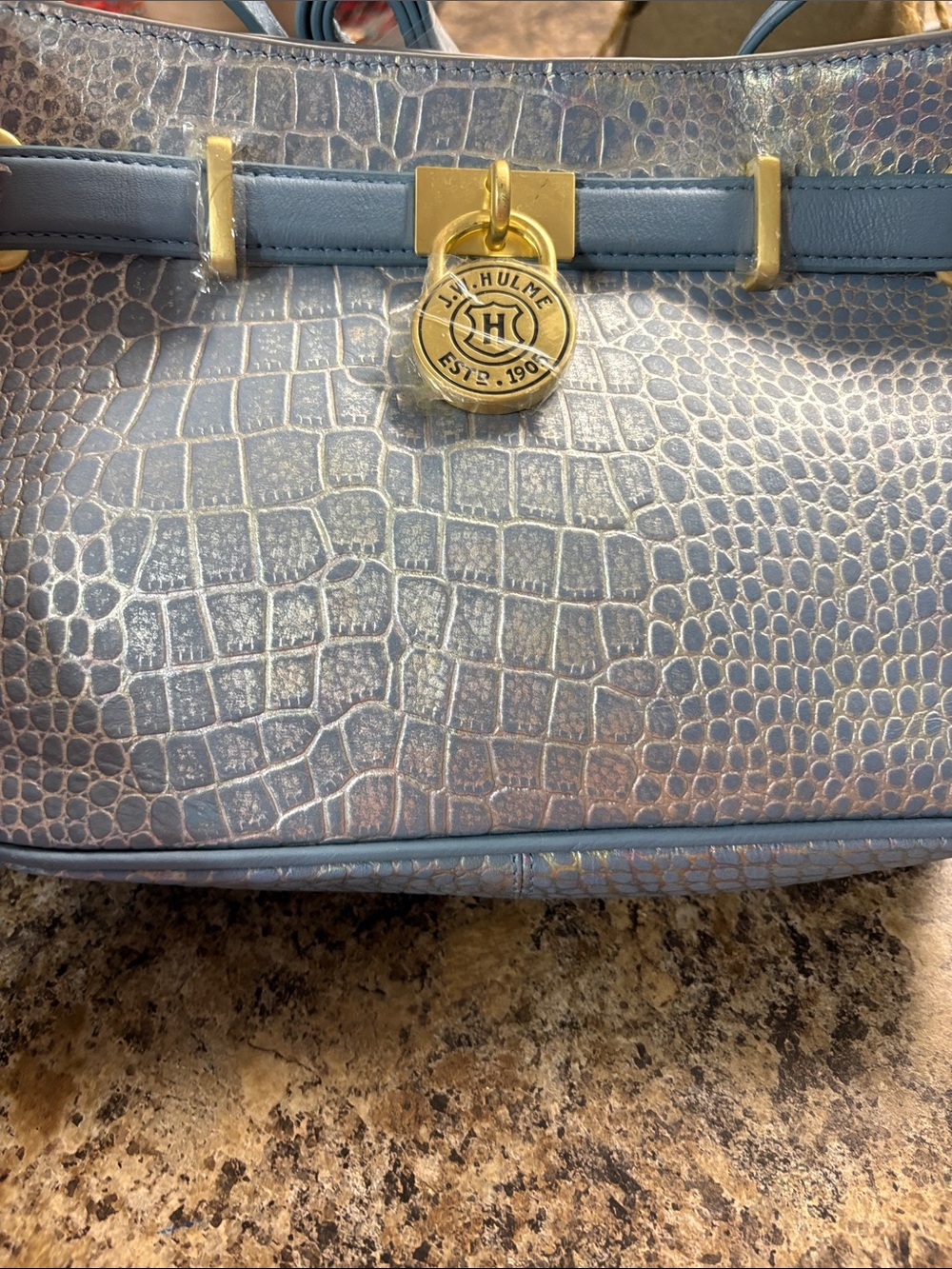 Metallic Blue Croc-Embossed Crossbody Bag